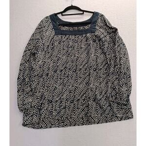 Ellos Womens 2XL Navy Blue White Boho Peasant Top Balloon Sleeve Box Neckline